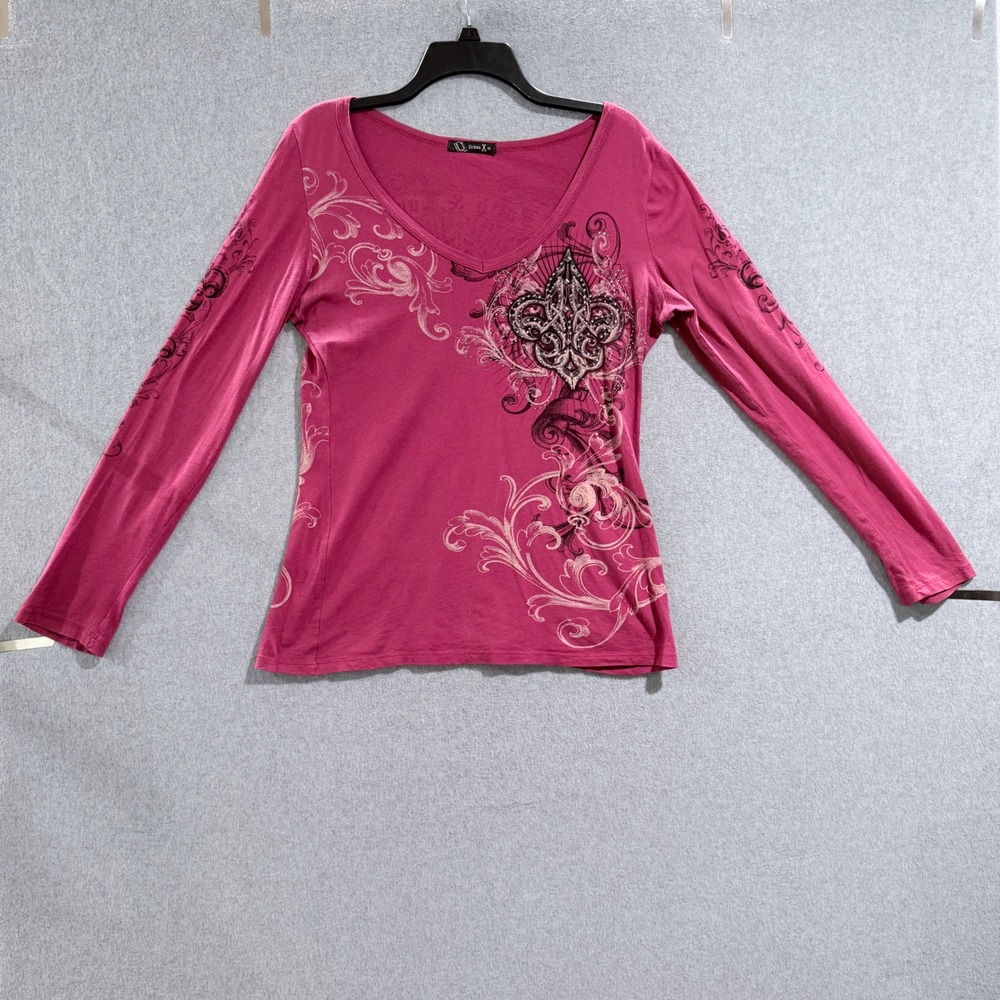 Y2K Urban X Pink Fleur De Lis Rhinestone Graphic Long Sleeve Top V-Neck Med